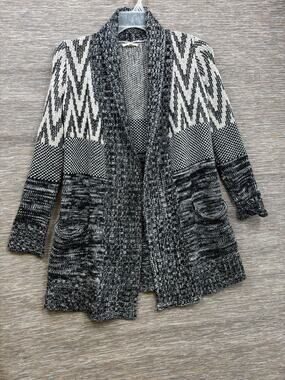 Mystree Cardigan Sweater Womens Small Black White Geometric Knit Open Front